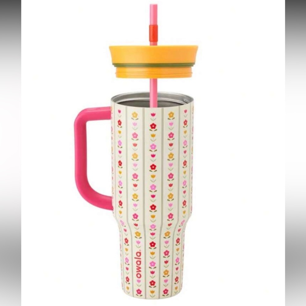 Owala Floral Tumbler with Pink Handle and Yellow Lid